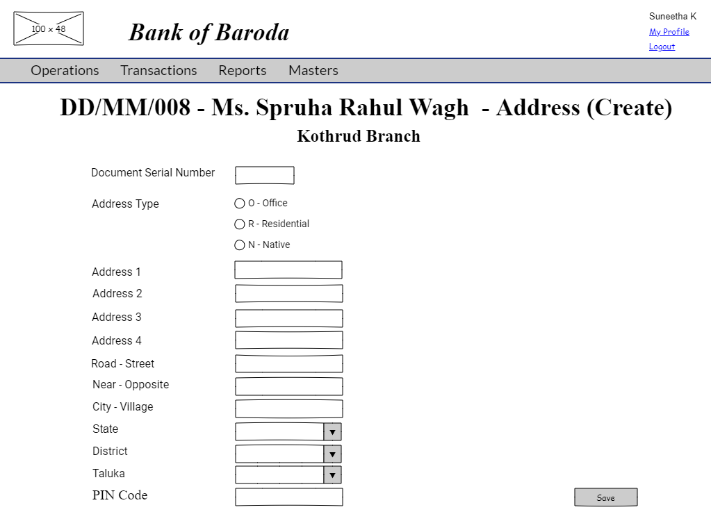 Folio Address Create Screen